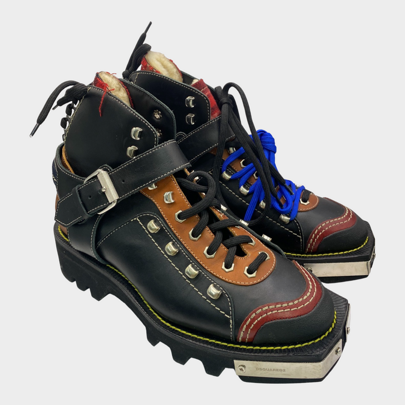 Dsquared2 men's patch work brown, black and red leather boots with navy laces