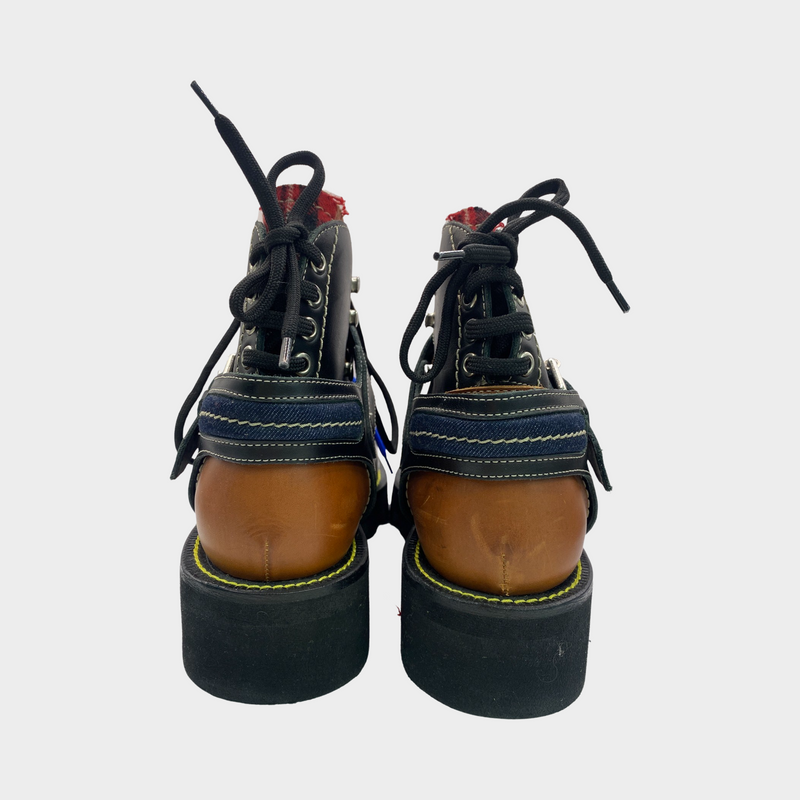 Dsquared2 men's patch work brown, black and red leather boots with navy laces