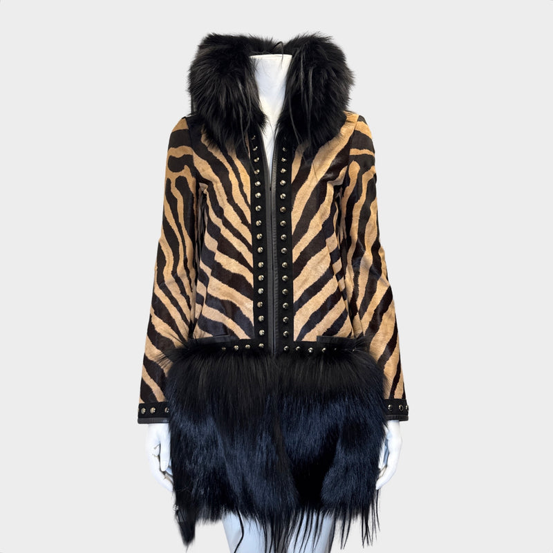 Emilio Women's Pucci Brown and Black Pony Zebra Print Coat With Fur Collar