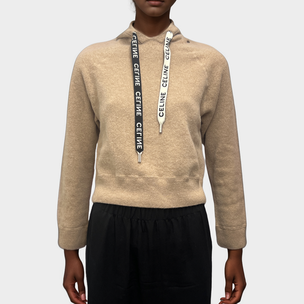 Céline Women's Logo Drawstring Beige Knit Cropped Hoodie – Loop Generation