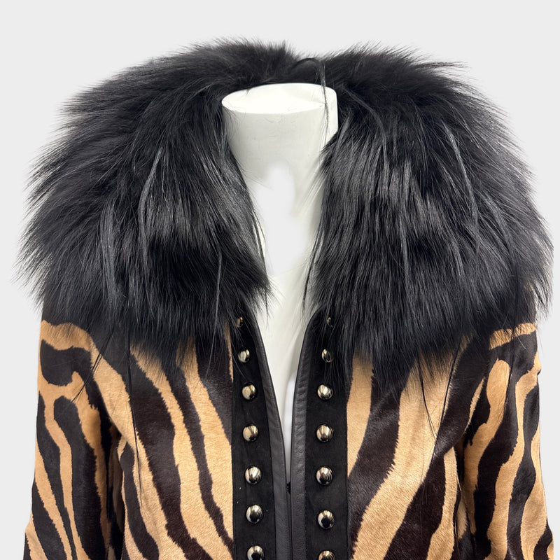 Emilio Women's Pucci Brown and Black Pony Zebra Print Coat With Fur Collar