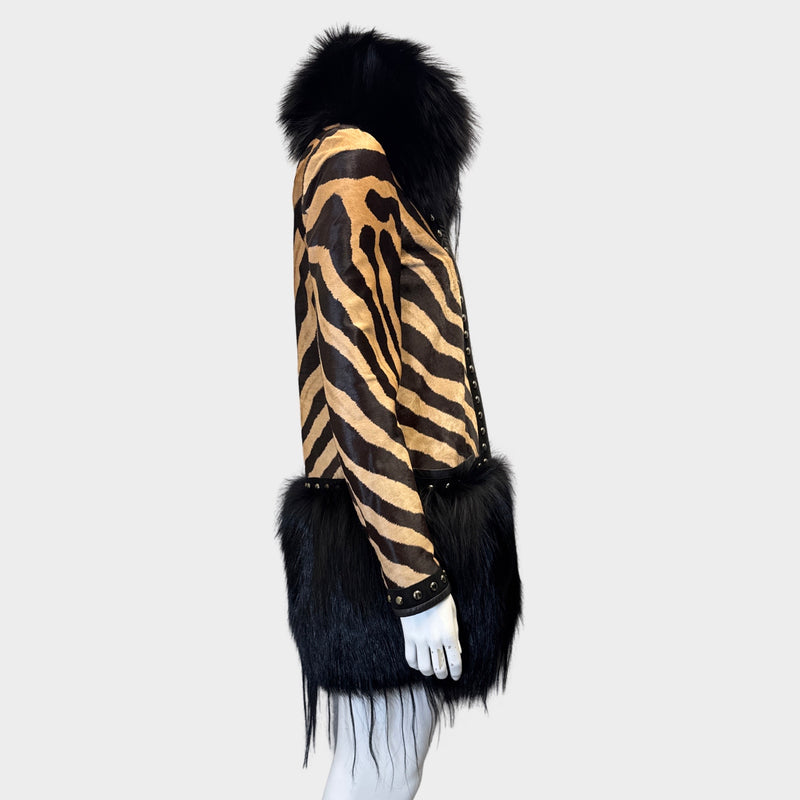 Emilio Women's Pucci Brown and Black Pony Zebra Print Coat With Fur Collar