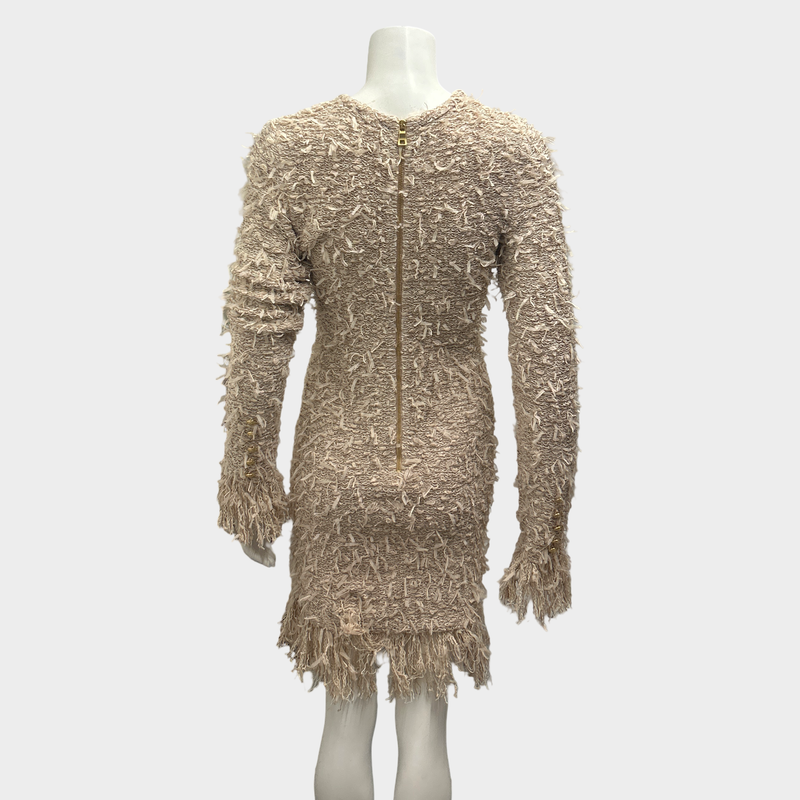 Balmain Nude Pink Frayed Boucle Stretch Knit Dress