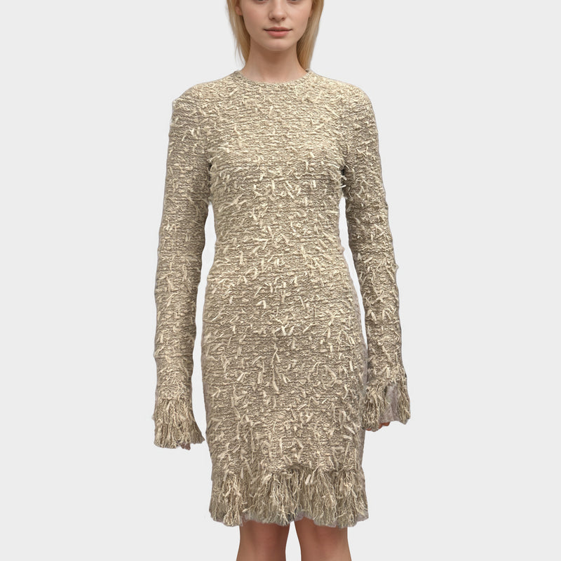 Balmain Nude Pink Frayed Boucle Stretch Knit Dress