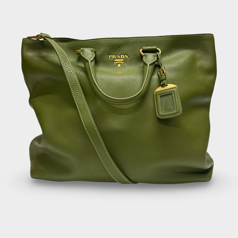 Prada Green Grained Leather Tote Bag
