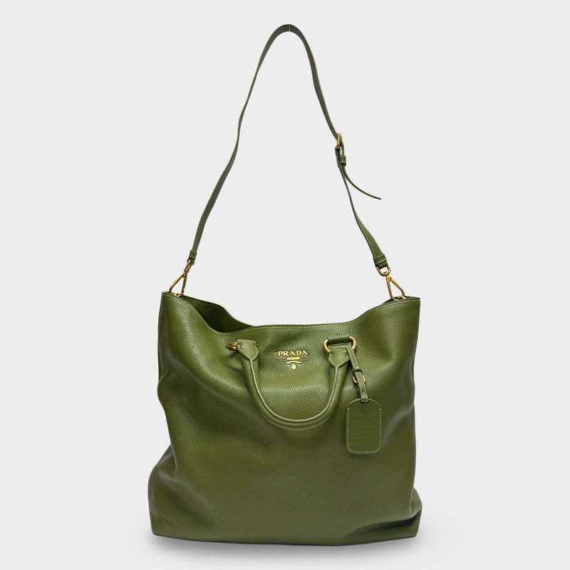 Prada Green Grained Leather Tote Bag