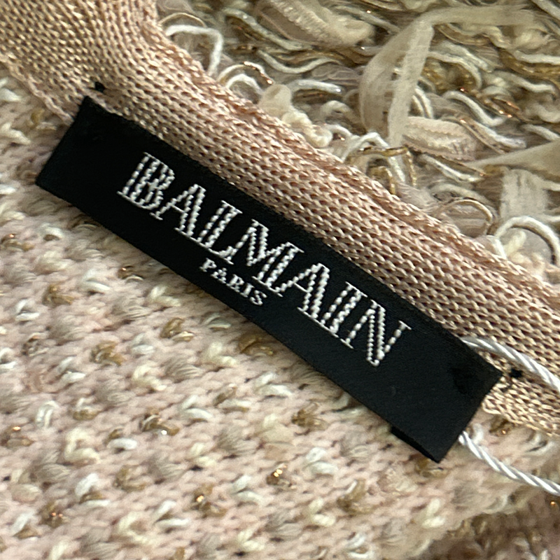 Balmain Nude Pink Frayed Boucle Stretch Knit Dress