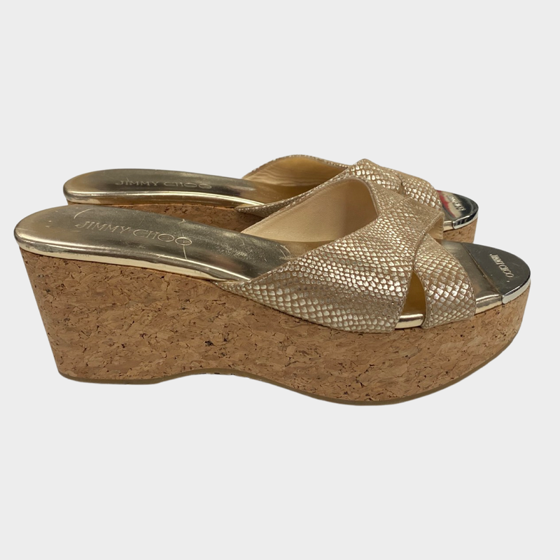 Jimmy Choo metallic gold python leather wedges