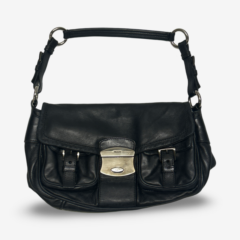 Prada Women's Black Leather Cargo-Style Shoulder Bag