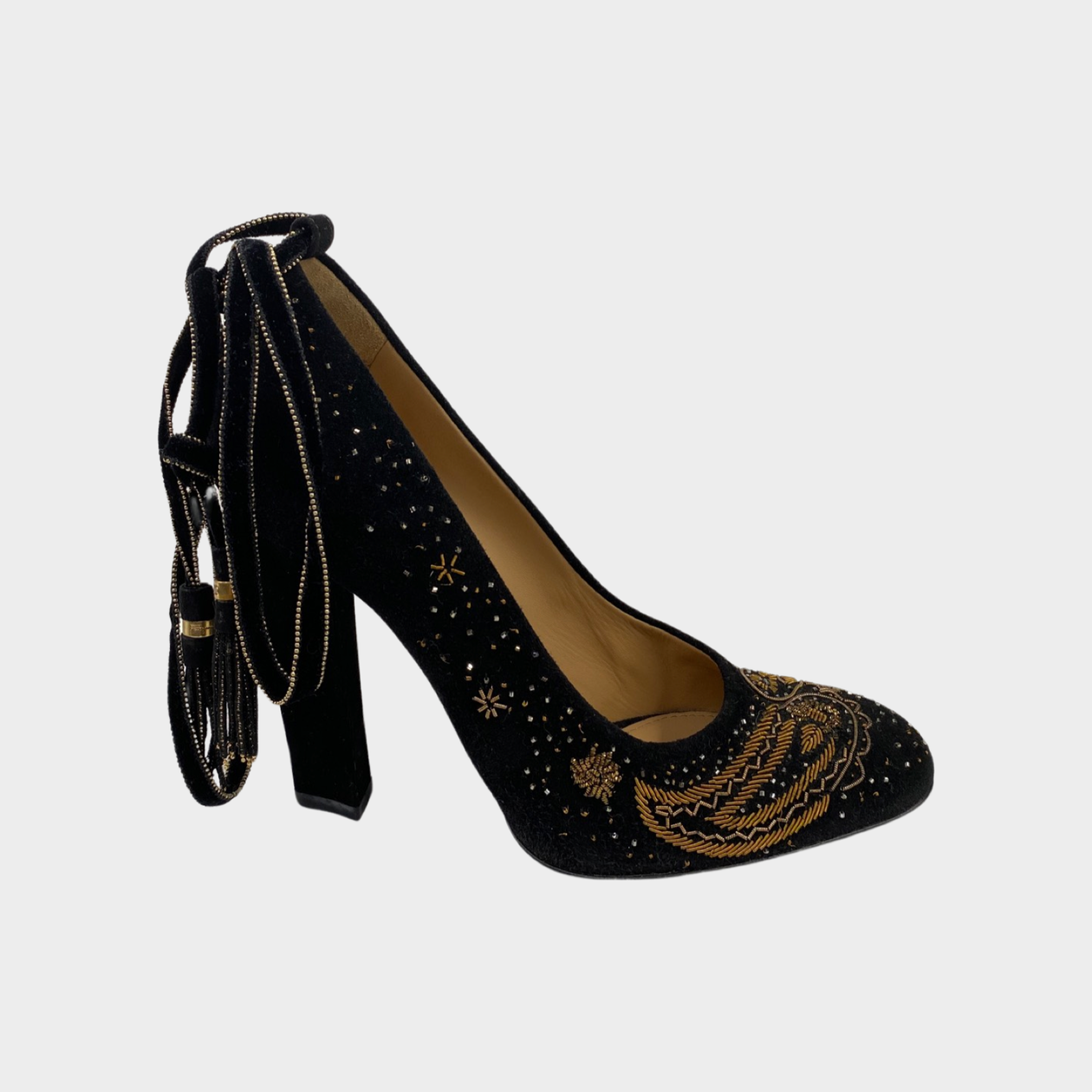 Salvatore Ferragamo black gold beaded suede heels with straps