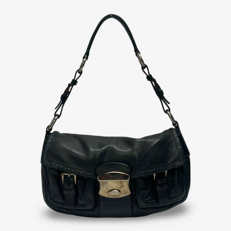 Prada Women's Black Leather Cargo-Style Shoulder Bag