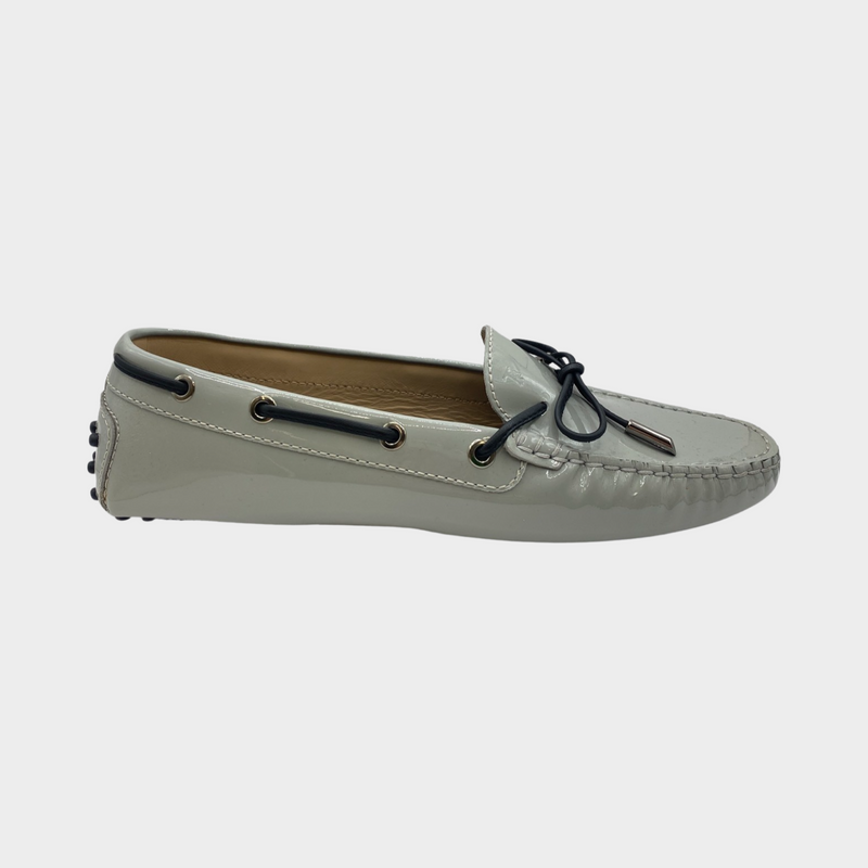 Tod's women's grey patent leather moccasins