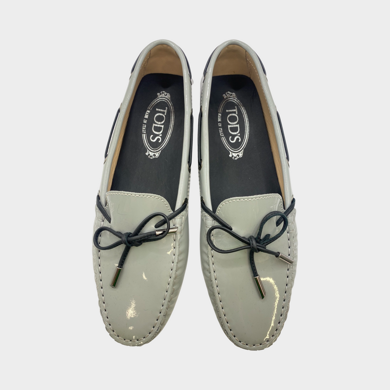 Tod's women's grey patent leather moccasins
