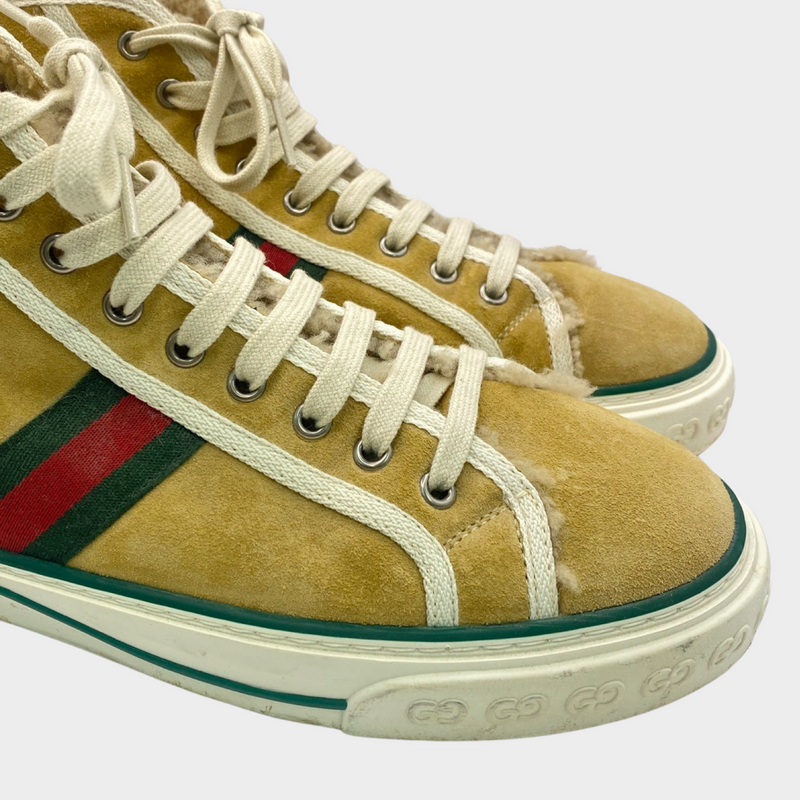 Gucci men's Tennis 1977 beige suede and shearling high top trainers