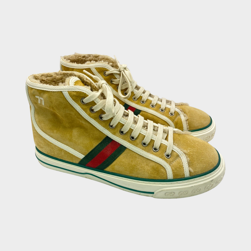 Gucci men's Tennis 1977 beige suede and shearling high top trainers