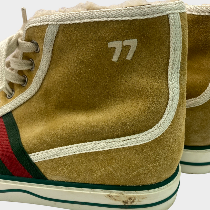 Gucci men's Tennis 1977 beige suede and shearling high top trainers