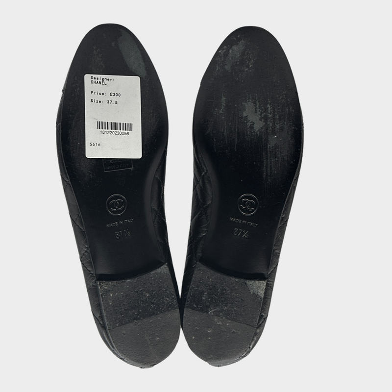 Chanel black quilted leather CC bow ballet flats