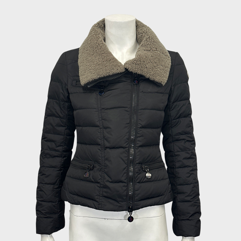 MONCLER women's black cropped puffer jacket with shearling collar