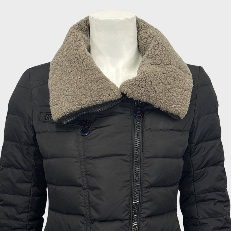 MONCLER women's black cropped puffer jacket with shearling collar