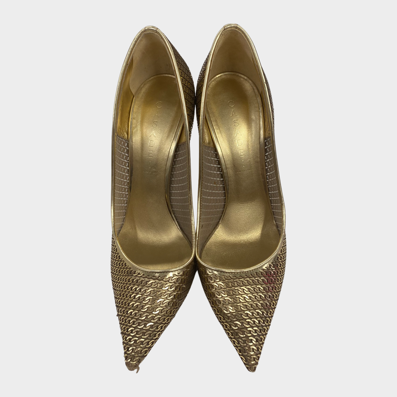 Casadei metallic gold chain design leather heels