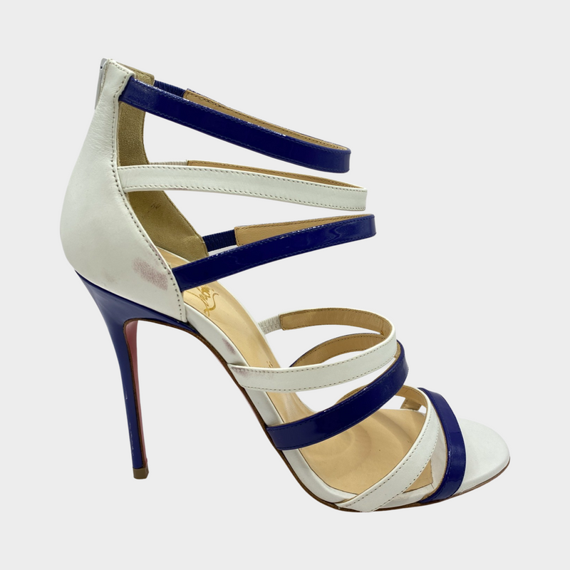 Christian Louboutin navy and white patent leather sandal heels