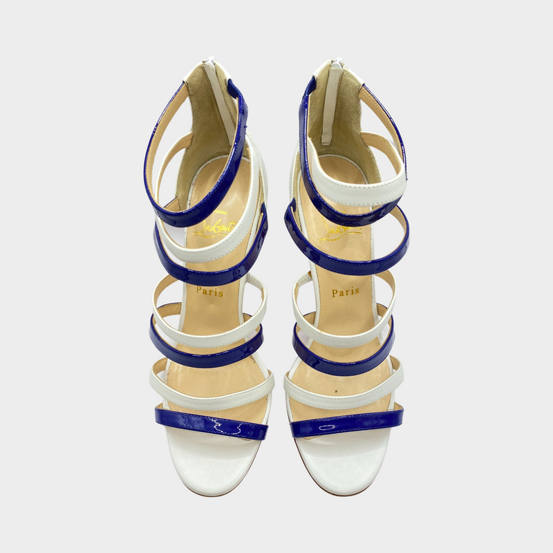 Christian Louboutin navy and white patent leather sandal heels