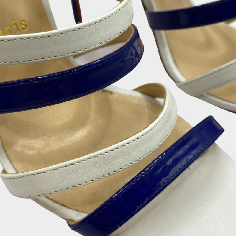 Christian Louboutin navy and white patent leather sandal heels