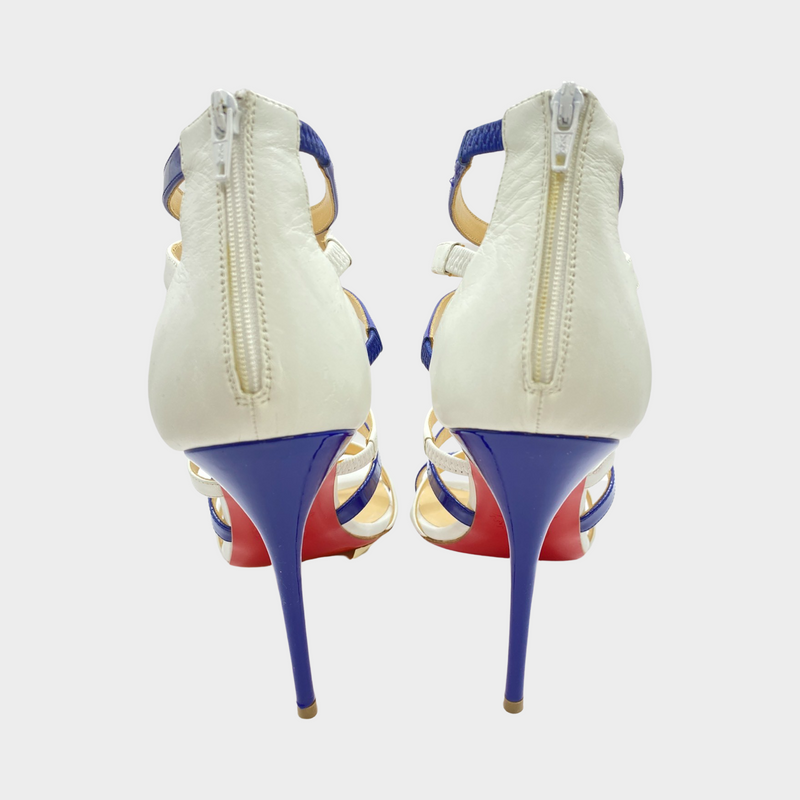Christian Louboutin navy and white patent leather sandal heels