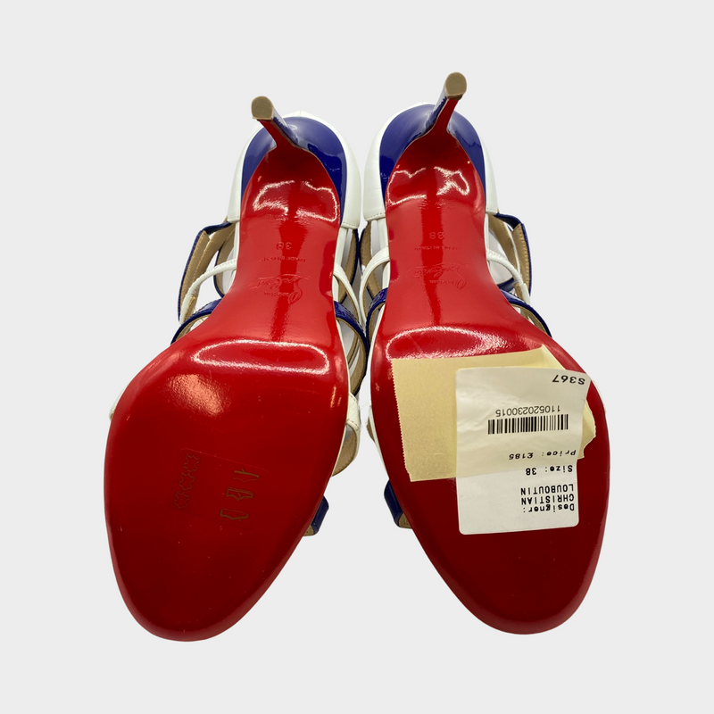 Christian Louboutin navy and white patent leather sandal heels