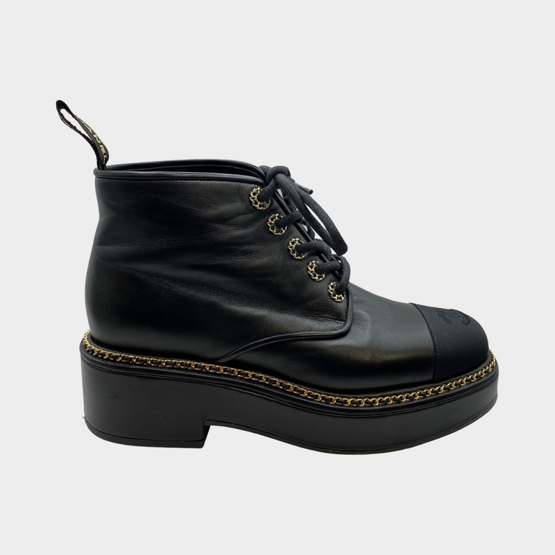 Chanel women's CC black boots with gold chain