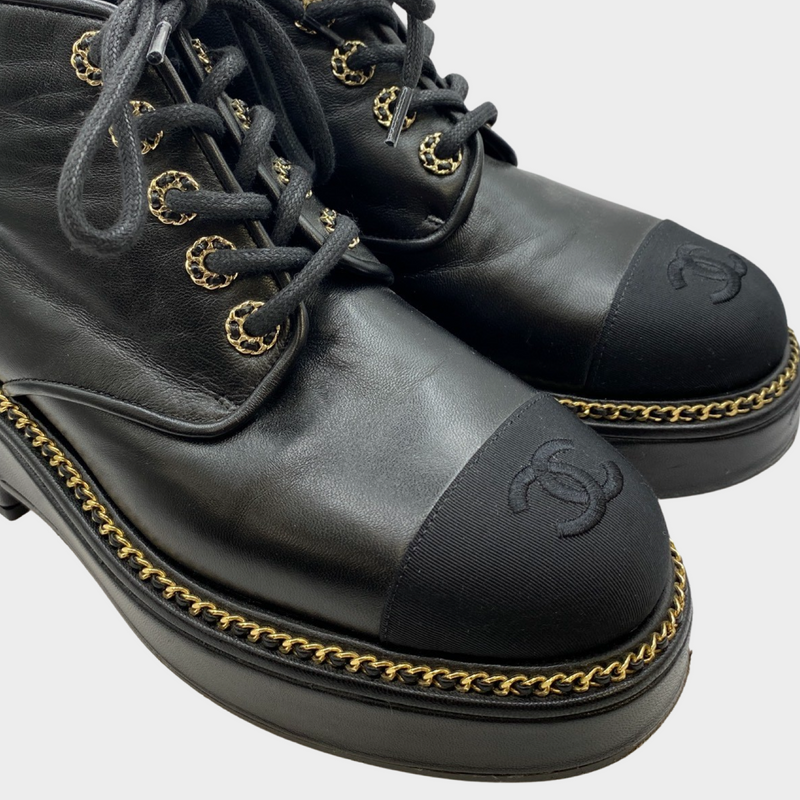 Chanel women's CC black boots with gold chain