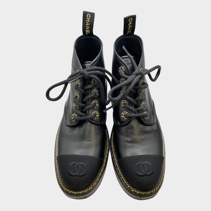 Chanel women's CC black boots with gold chain