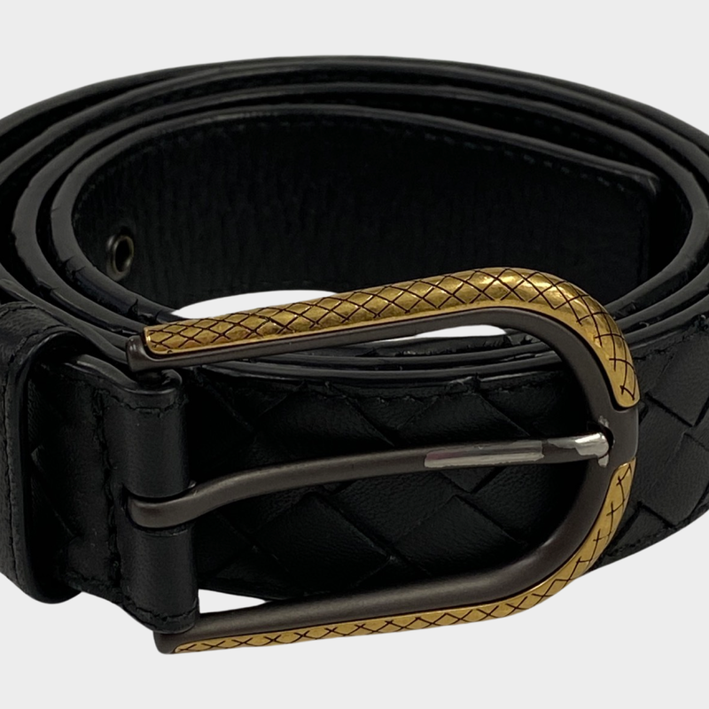 Bottega Veneta women's black intrecciato leather belt with gold buckle