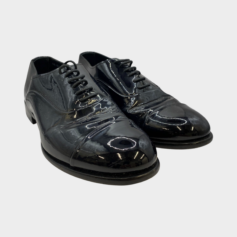 Santoni men's black patent leather lace up loafers