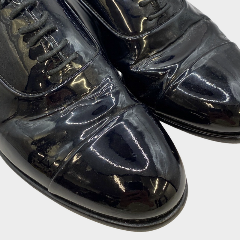 Santoni men's black patent leather lace up loafers