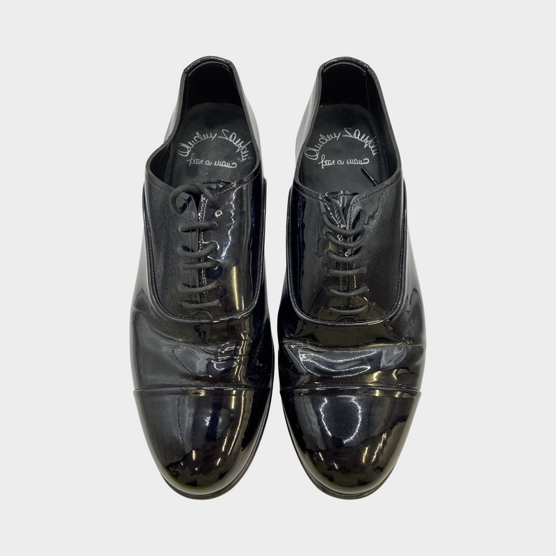 Santoni men's black patent leather lace up loafers