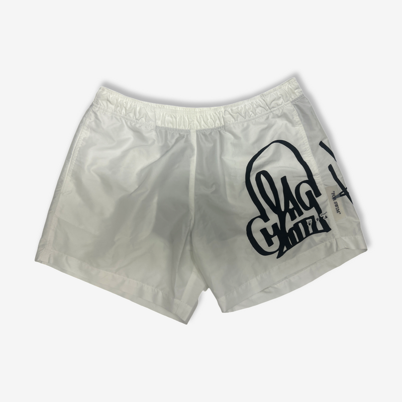 Off-White Men's White Swim Shorts With Graffiti Motif