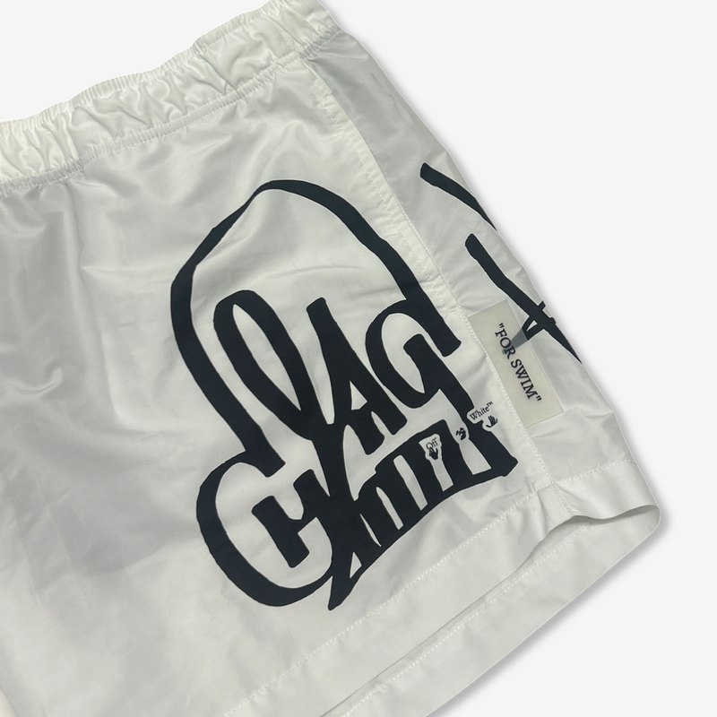 Off-White Men's White Swim Shorts With Graffiti Motif