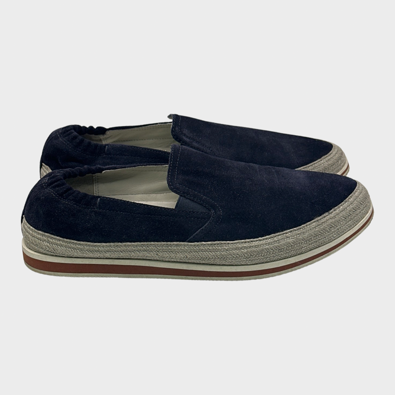Prada men's navy suede slip-on loafers with with raffia trims
