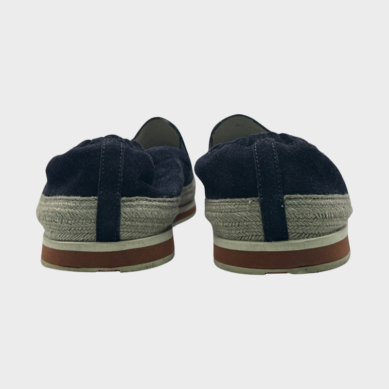 Prada men's navy suede slip-on loafers with with raffia trims