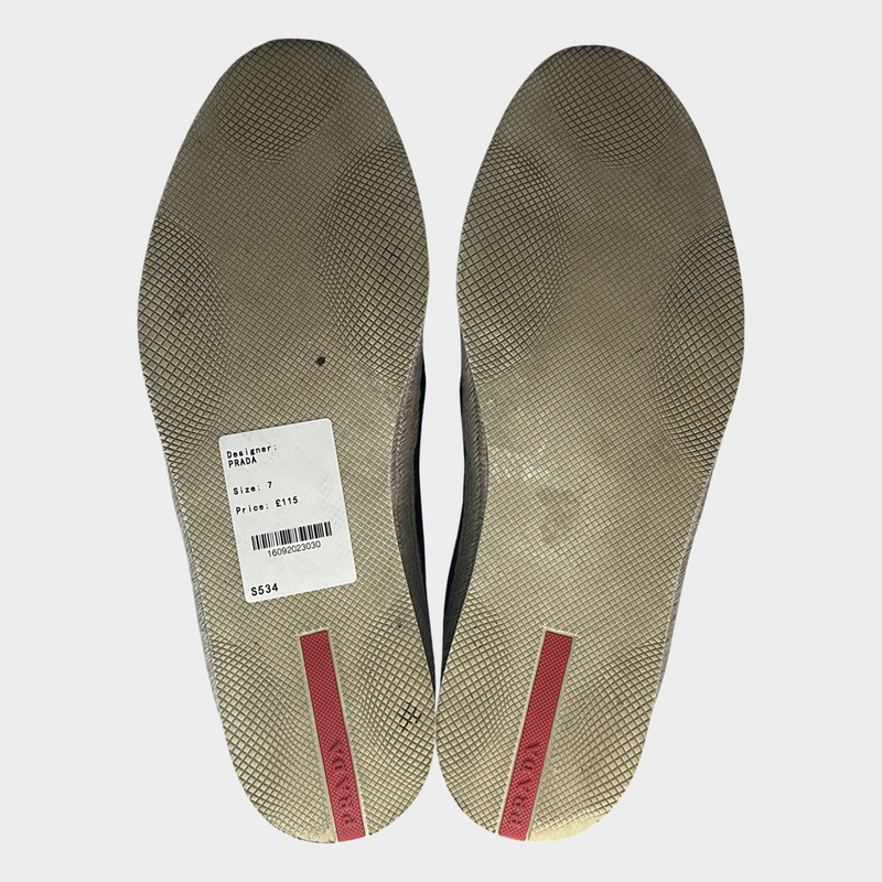 Prada men's navy suede slip-on loafers with with raffia trims