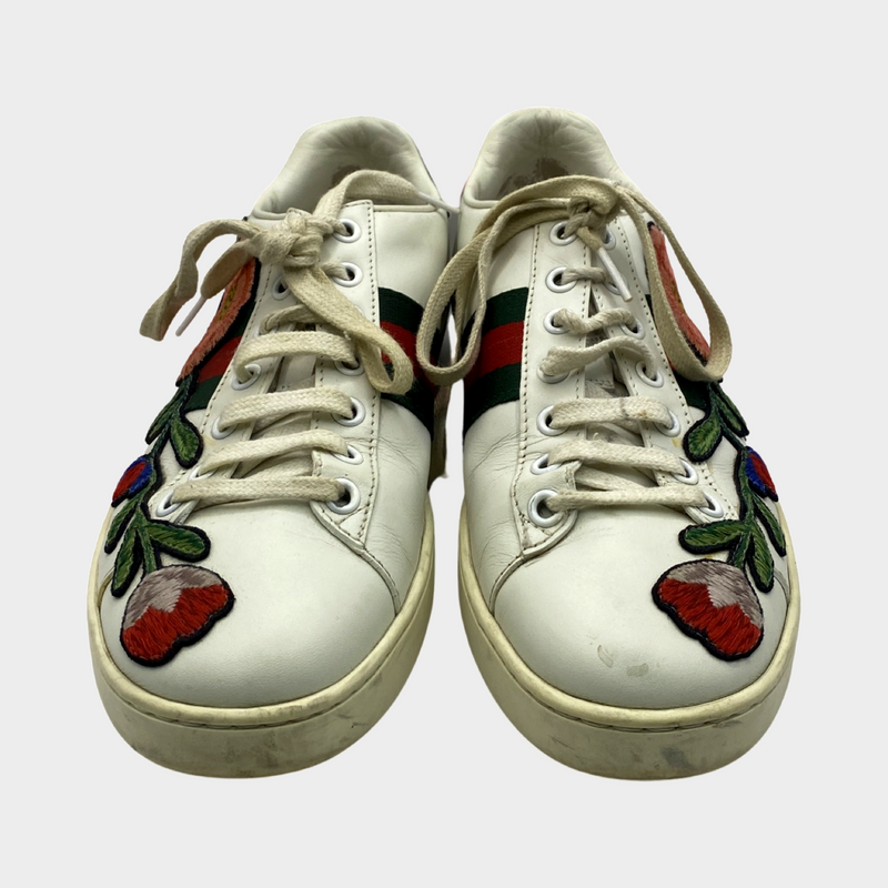 Gucci women's white leather Ace sneakers with flower embroidery