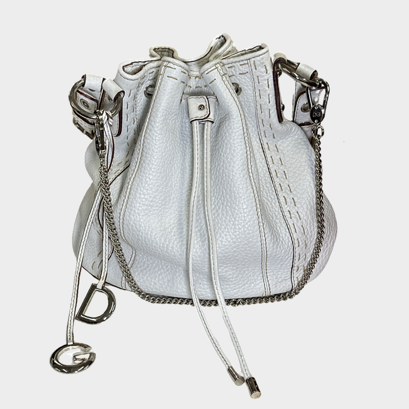 Dolce&Gabbana white textured leather bucket drawstring handbag