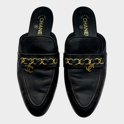 CHANEL women’s black leather slides loafers