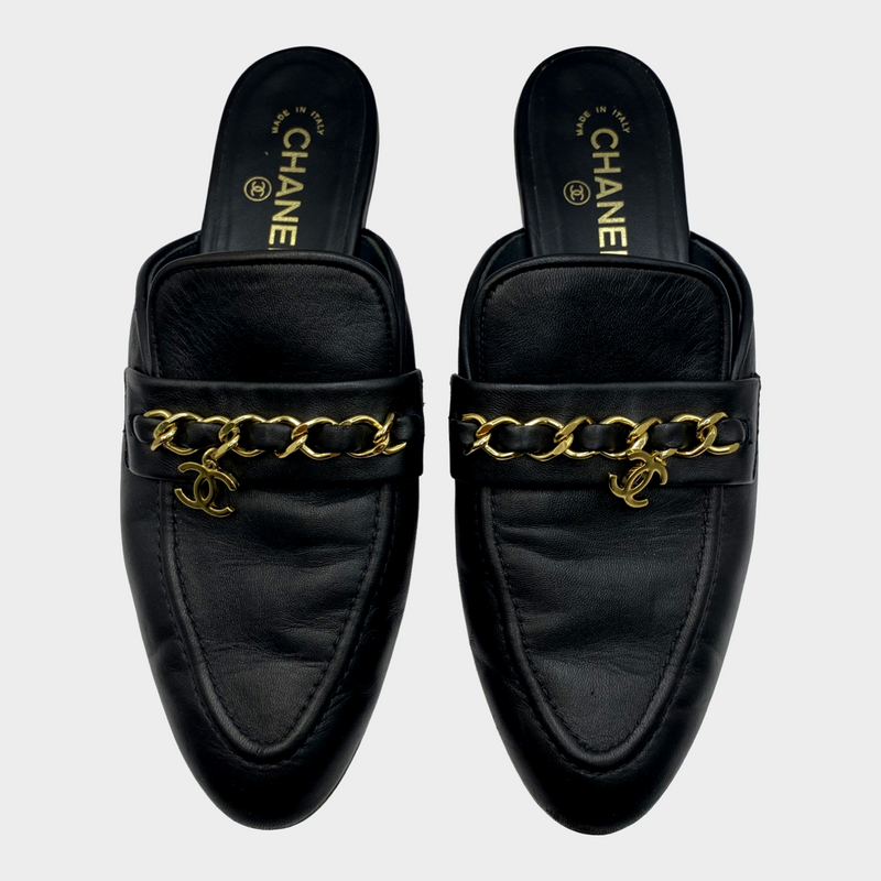 CHANEL women’s black leather slides loafers