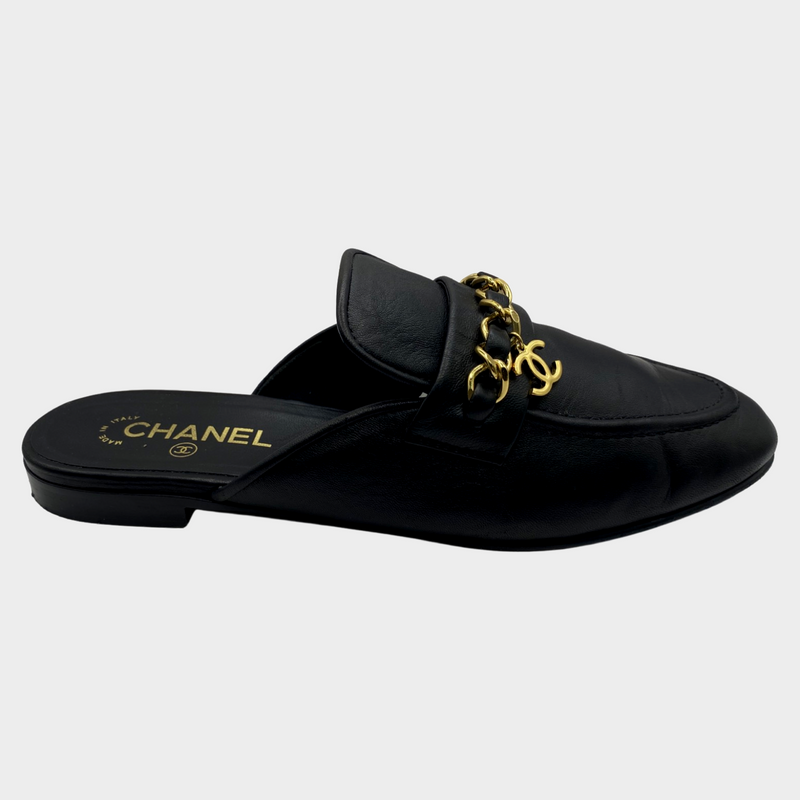 CHANEL women’s black leather slides loafers