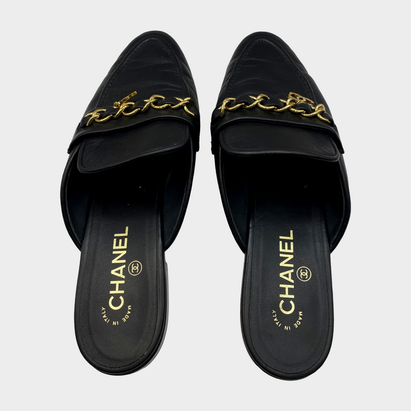 CHANEL women’s black leather slides loafers