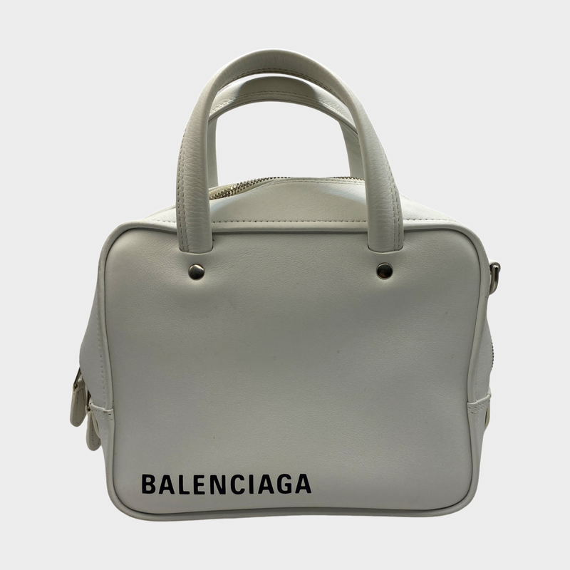 Balenciaga women's white leather square handbag with logo