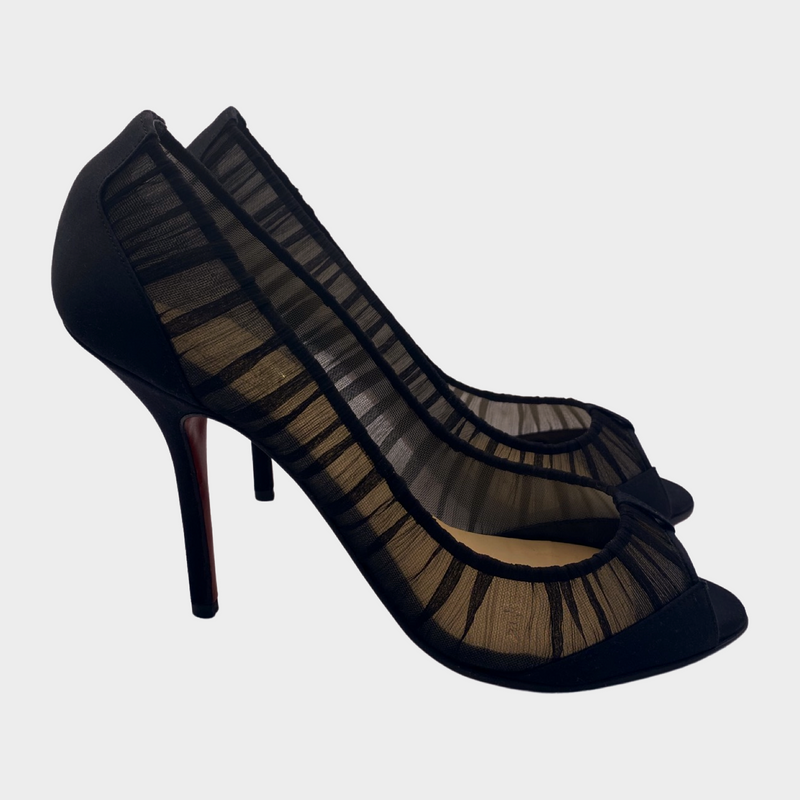 Christian Louboutin black ruched mesh open-toe satin heels