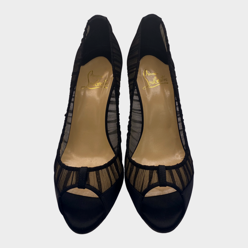 Christian Louboutin black ruched mesh open-toe satin heels
